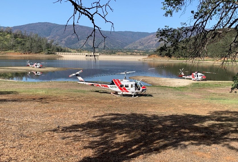 CAL FIRE helicopters at Stony Gorge Reservoir for training